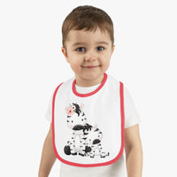 Toddler wearing Printify eco-friendly baby bib with cute zebra design and red trim