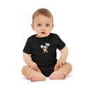 Baby wearing Printify black eco-friendly baby onesie with teddy bear and balloons design