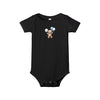 Black eco-friendly baby onesie with teddy bear and blue balloon print by Printify