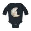 Printify eco-friendly baby onesie in black with a smiling moon graphic and long sleeves