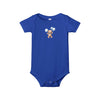 Blue eco-friendly baby onesie by Printify featuring a teddy bear holding blue balloons