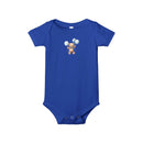 Blue eco-friendly baby onesie by Printify featuring a teddy bear holding blue balloons