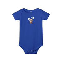 Blue eco-friendly baby onesie by Printify featuring a teddy bear holding blue balloons