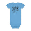 Printify blue baby onesie with World Cutest Alarm Clock text and graphic eco-friendly baby onesie