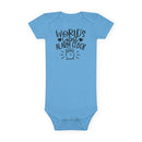 Printify blue baby onesie with World Cutest Alarm Clock text and graphic eco-friendly baby onesie