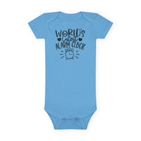 Printify blue baby onesie with World Cutest Alarm Clock text and graphic eco-friendly baby onesie