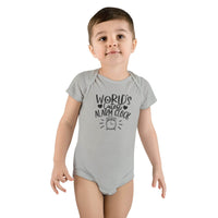 Toddler wearing Printify eco-friendly baby onesie with Worlds Cutest Alarm Clock text design