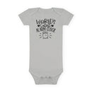 Printify gray eco-friendly baby onesie with World Cutest Alarm Clock text and alarm clock graphic
