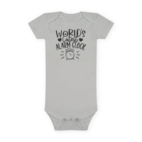 Printify gray eco-friendly baby onesie with World Cutest Alarm Clock text and alarm clock graphic