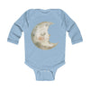 Printify eco-friendly baby onesie in light blue with a smiling crescent moon design on front