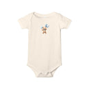 Printify eco-friendly baby onesie in cream with cute teddy bear holding blue balloons design