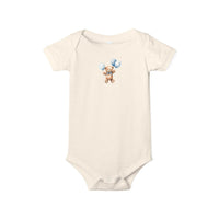 Printify eco-friendly baby onesie in cream with cute teddy bear holding blue balloons design