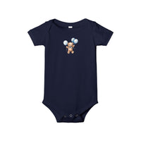 Printify navy blue eco-friendly baby onesie with teddy bear and balloon design