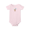 Printify pink eco-friendly baby onesie with teddy bear holding blue balloons design