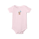 Printify pink eco-friendly baby onesie with teddy bear holding blue balloons design