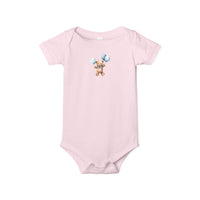 Printify pink eco-friendly baby onesie with teddy bear holding blue balloons design