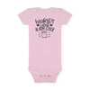 Pink eco-friendly baby onesie from Printify with World Cutest Alarm Clock text and alarm clock graphic