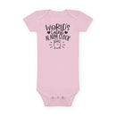 Pink eco-friendly baby onesie from Printify with World Cutest Alarm Clock text and alarm clock graphic