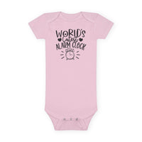 Pink eco-friendly baby onesie from Printify with World Cutest Alarm Clock text and alarm clock graphic