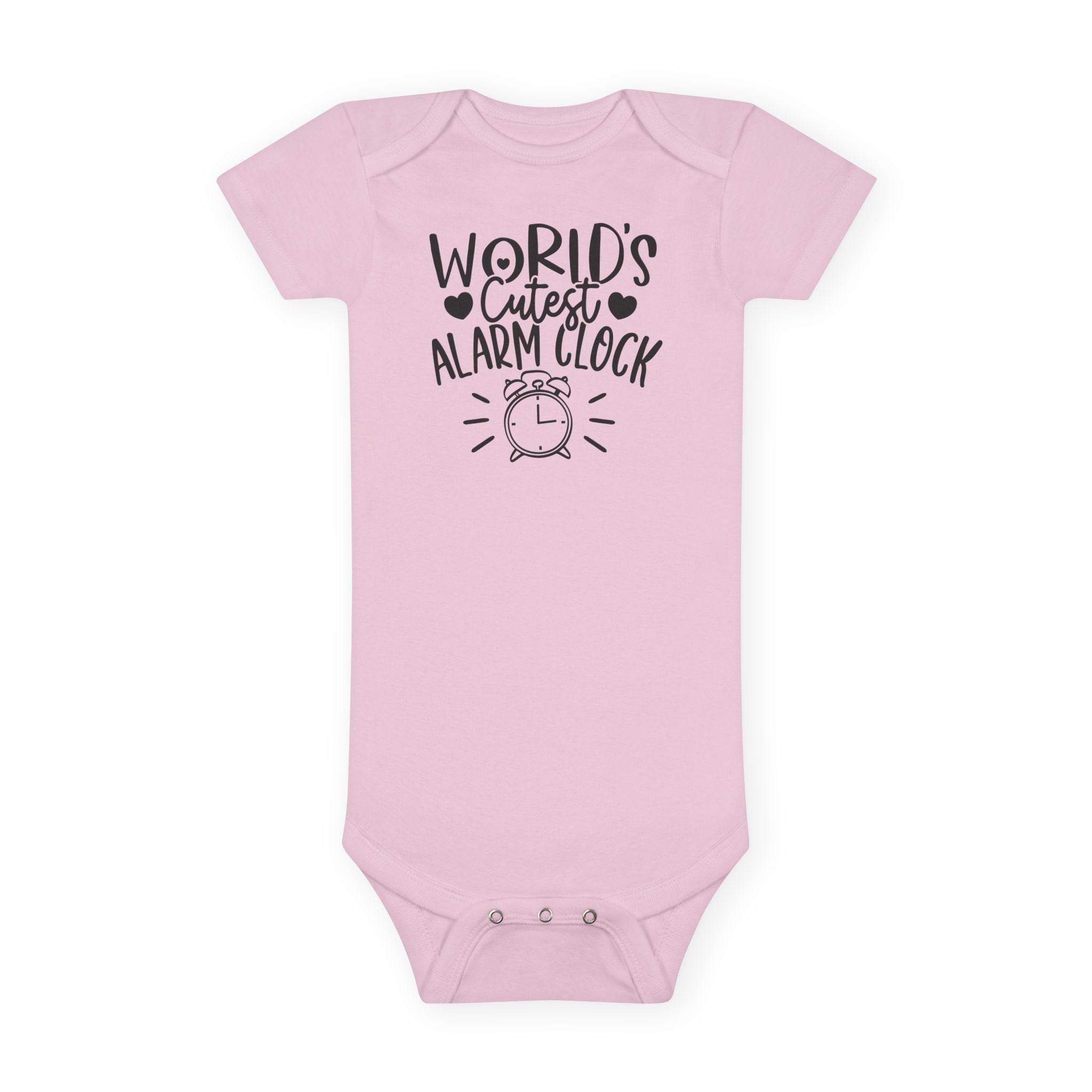Pink eco-friendly baby onesie from Printify with World Cutest Alarm Clock text and alarm clock graphic