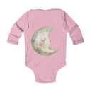 Printify pink eco-friendly baby onesie with long sleeves and a smiling crescent moon design