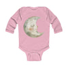 Pink eco-friendly baby onesie with long sleeves and a smiling moon graphic on front