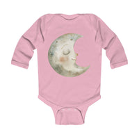 Pink eco-friendly baby onesie with long sleeves and a smiling moon graphic on front
