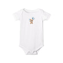 Printify white eco-friendly baby onesie with teddy bear holding blue balloons design