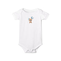 Printify white eco-friendly baby onesie with teddy bear holding blue balloons design