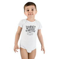 Toddler wearing Printify eco-friendly baby onesie with worlds cutest alarm clock design