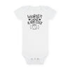 White eco-friendly baby onesie from Printify with World Cutest Alarm Clock text and alarm clock graphic
