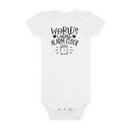 White eco-friendly baby onesie from Printify with World Cutest Alarm Clock text and alarm clock graphic
