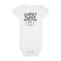 White eco-friendly baby onesie from Printify with World Cutest Alarm Clock text and alarm clock graphic