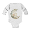 Printify eco-friendly baby onesie with long sleeves and a smiling crescent moon design