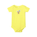 Printify yellow eco-friendly baby onesie with bear holding blue balloons graphic