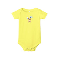 Printify yellow eco-friendly baby onesie with bear holding blue balloons graphic