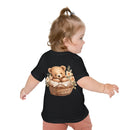 Toddler wearing black eco-friendly baby t-shirt with teddy bear in basket design on back