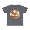 Gray eco-friendly baby t-shirt with teddy bear in basket and floral design by Printify