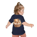 Toddler wearing navy eco-friendly baby t-shirt with teddy bear and floral basket design from Printify