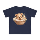 Printify navy eco-friendly baby t-shirt with cute teddy bear in basket and floral design