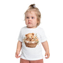 Toddler wearing eco-friendly baby t-shirt with teddy bear in basket and floral design