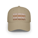 Beige eco-friendly baseball cap with repeated touchdown text design by Printify