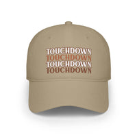 Beige eco-friendly baseball cap with repeated touchdown text design by Printify