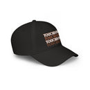 Black eco-friendly baseball cap by Printify with repeated touchdown text design