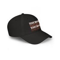 Black eco-friendly baseball cap by Printify with repeated touchdown text design