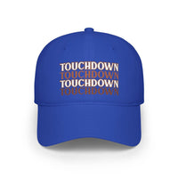 Blue eco-friendly baseball cap by Printify with repeated touchdown text design