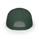 Back view of dark green eco-friendly baseball cap with adjustable strap from Printify