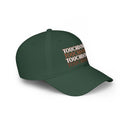 Green eco-friendly baseball cap with repeated touchdown text printed on the front