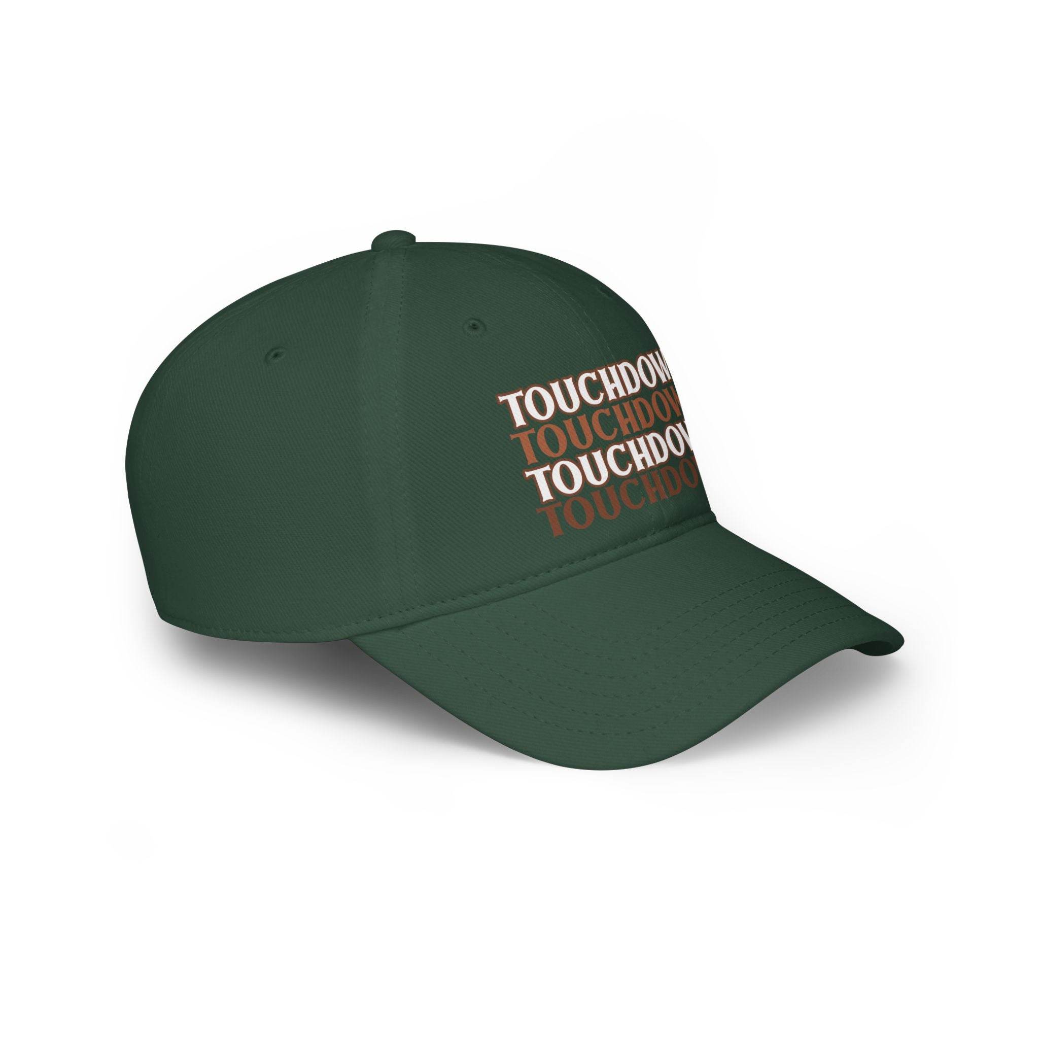 Green eco-friendly baseball cap with repeated touchdown text printed on the front