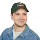 Printify eco-friendly baseball cap in dark green with touchdown text worn by man in denim jacket